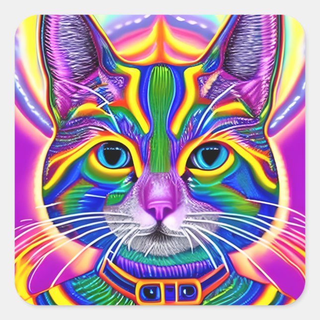 Green und Blue Unique Mystical Kitty Cat Quadratischer Aufkleber (Vorderseite)