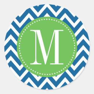 Green und Blue Zickzack Custom Monogram Runder Aufkleber