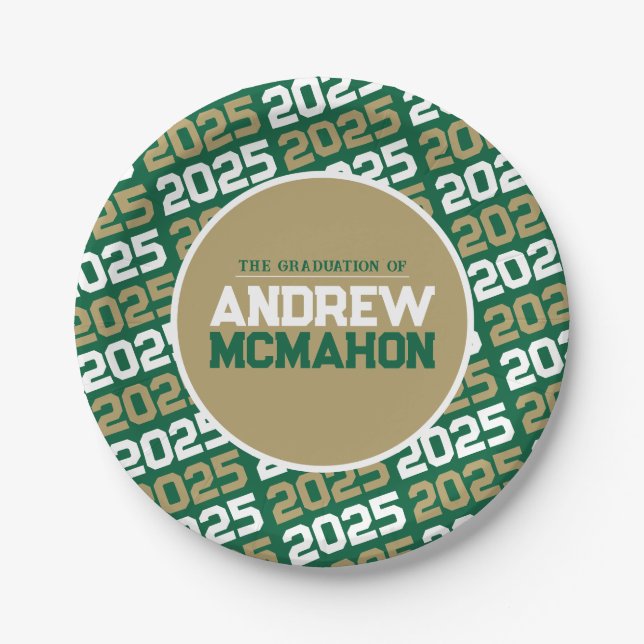 Green und Bronze Gold Personalisierter Abschluss Pappteller (Vorderseite)