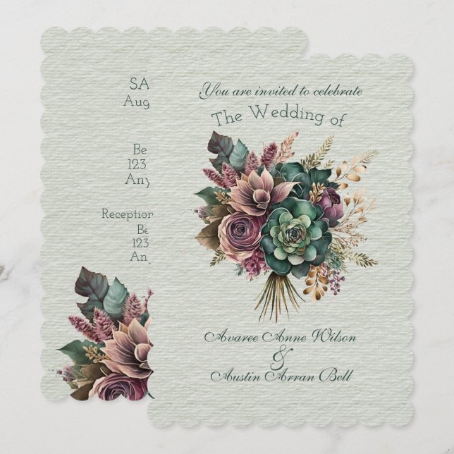 Green und Burgundy Bluoral Wedding Bouquet Einladung (Vorne/Hinten)