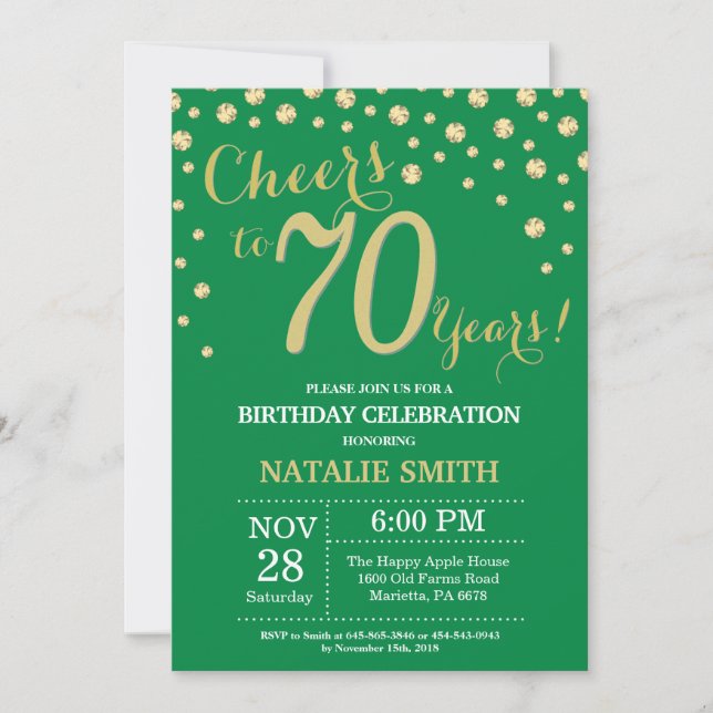 Green und Gold 70. Geburtstag Diamant Einladung (Vorderseite)