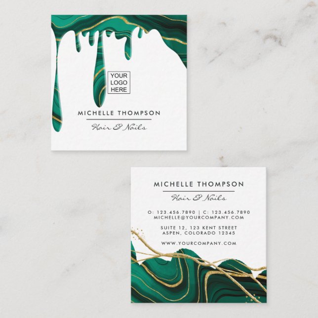 Green und Gold Agate Driving Square Business Card Quadratische Visitenkarte (Vorne/Hinten)