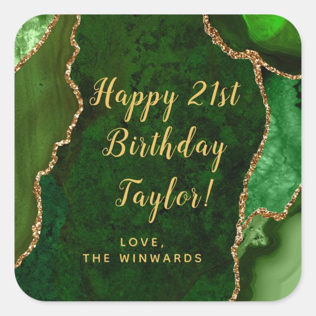 Green und Gold Agate Happy Birthday Quadratischer Aufkleber (Vorderseite)