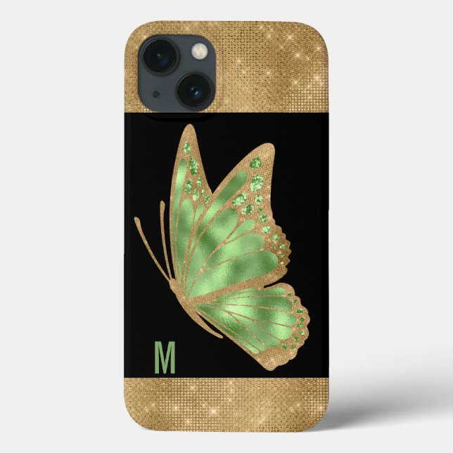 Green und Gold Butterfly Mit Monogramm Case-Mate iPhone Hülle (Rückseite)