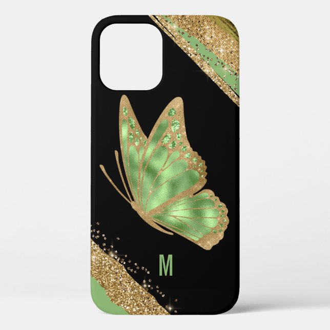 Green und Gold Butterfly Mit Monogramm Case-Mate iPhone Hülle (Rückseite)