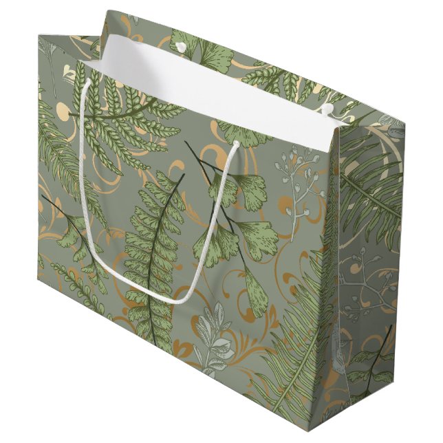 Green und Gold Fern Muster Große Geschenktüte (Vorderseite Schrägansicht)