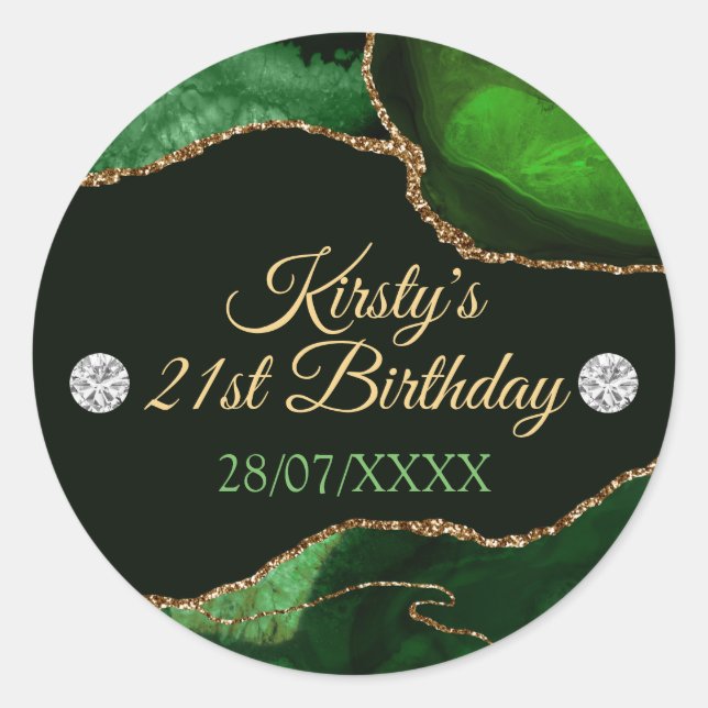 Green und Gold Glitzer Agate Birthday Runder Aufkleber (Vorderseite)