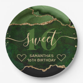 Green und Gold Glitzer Agate Marble Sweet 16 Pappteller