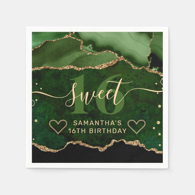 Green und Gold Glitzer Agate Marble Sweet 16 Serviette (Vorderseite)