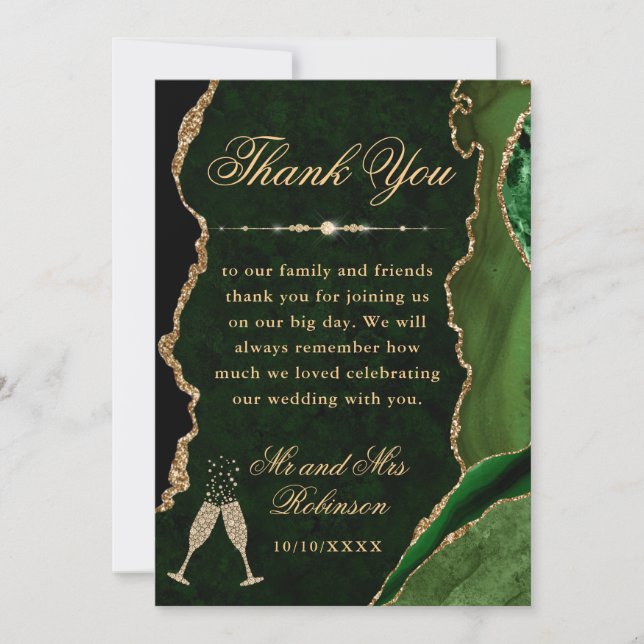 Green und Gold Glitzer Agate & Marble Wedding Dankeskarte (Vorderseite)
