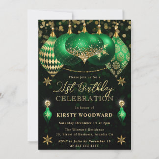 Green und Gold Glitzer Baubles 21. Geburtstag Einladung