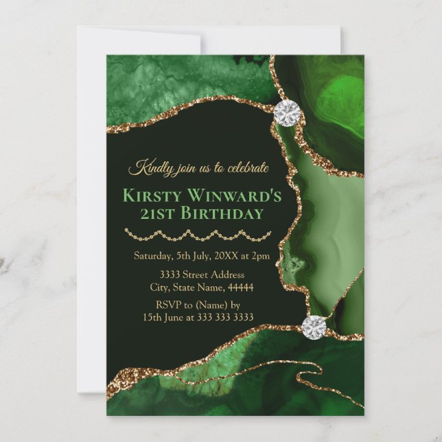 Green und Gold Imitats Glitzer Agate Birthday Part Einladung (Vorderseite)