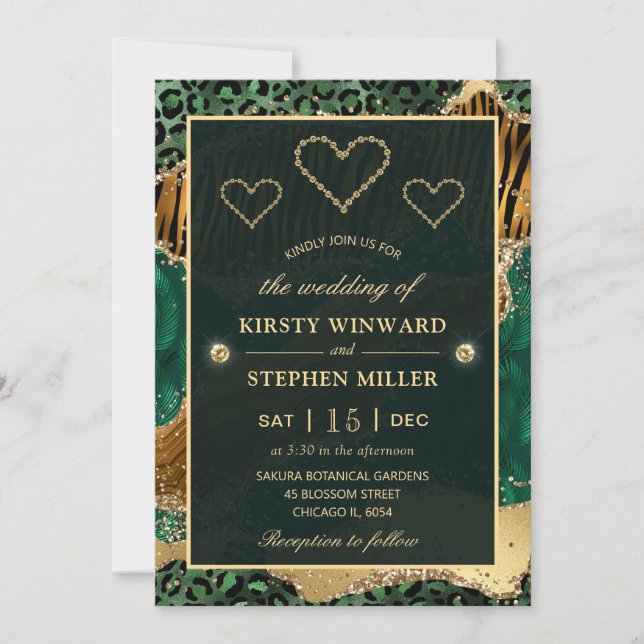 Green und Gold Jungle Safari Agate Wedding Einladung (Vorderseite)