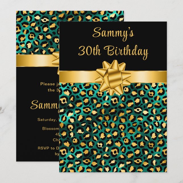 Green und Gold Leopard Print Birthday Party Einladung (Vorne/Hinten)