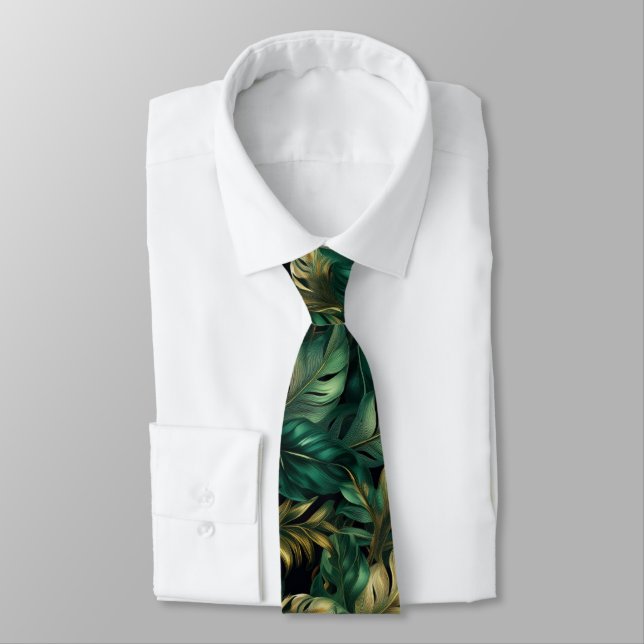 Green und Gold Monstera Blätter Neck Tie Krawatte (Gebunden)