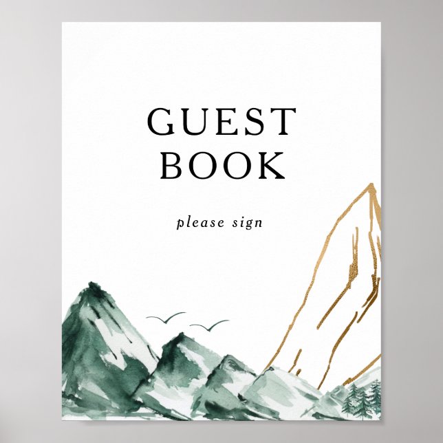 Green und Gold Mountain Guest Book Sign Poster (Vorne)