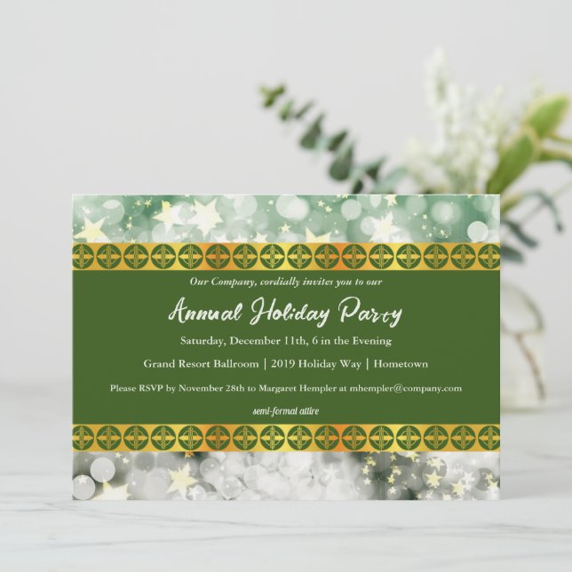 Green und Gold Party Einladung für Ferien (Stehend Vorderseite)