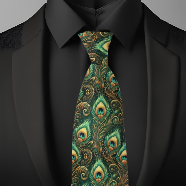 Green und Gold Peacock Feather Necktie Krawatte (Von Creator hochgeladen)