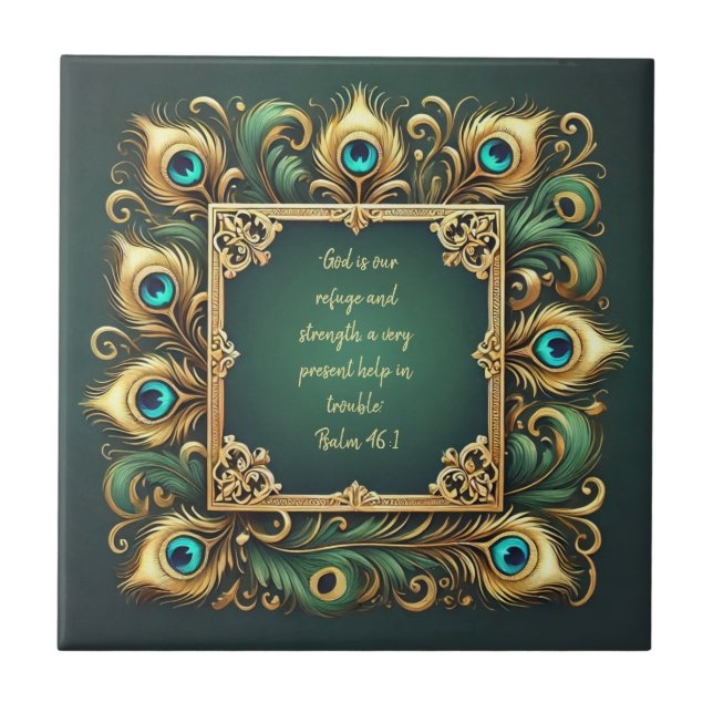 Green und Gold Peacock Frame Bibel Verse Fliese (Vorderseite)