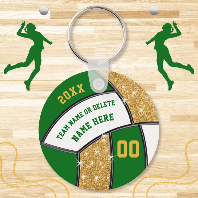 Green und Gold personalisieren Volleyball-Gastgesc Schlüsselanhänger (Personalized Volleyball Souvenirs. Cheap volleyball gifts. Green and Gold, volleyball party favors.)