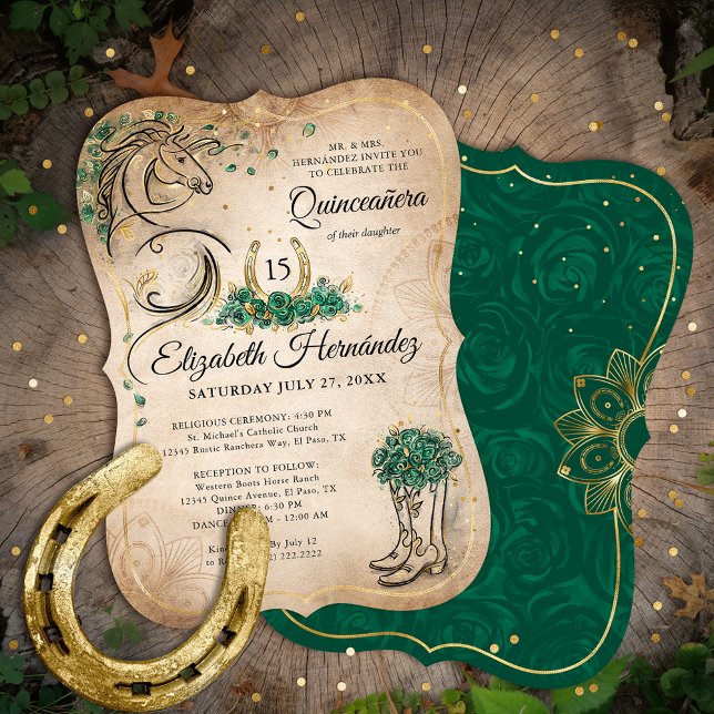 Green und Gold Quinceñera Rustikales Pferd Geburts Einladung (Von Creator hochgeladen)