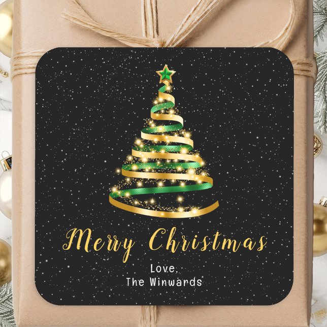 Green und Gold Ribbon Tree Frohe Weihnachten Quadratischer Aufkleber (Von Creator hochgeladen)