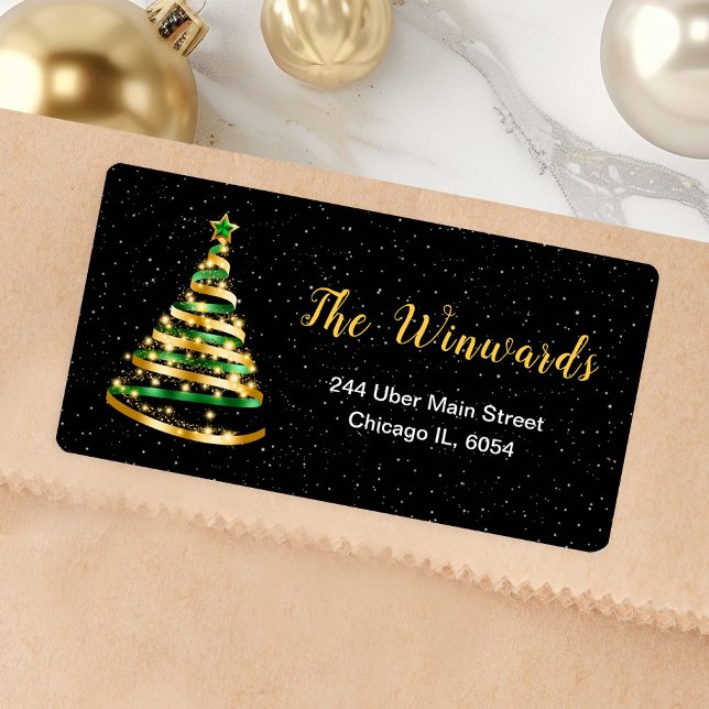 Green und Gold Ribbon Weihnachtsbaum Adressaufkleber (Von Creator hochgeladen)