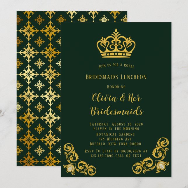 Green und Gold Royal Bridesmaids Luncheon Einladung (Vorne/Hinten)