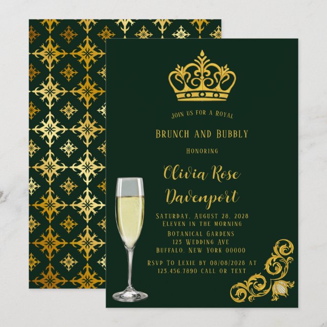 Green und Gold Royal Crown Brunch und Bubbly Einladung (Vorne/Hinten)