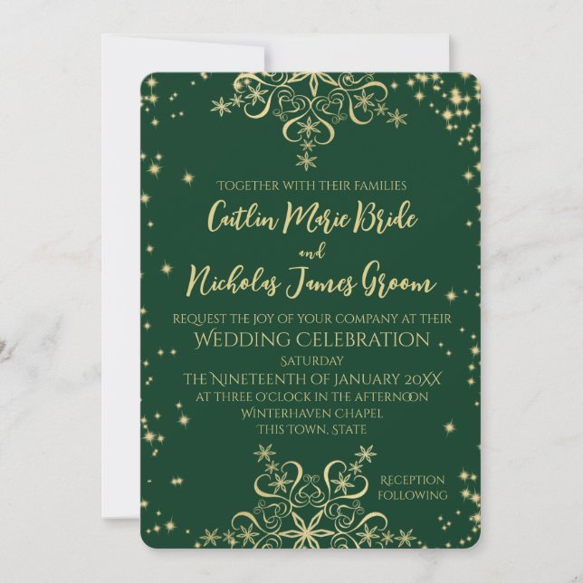 Green und Gold Winter Hochzeitsschneeflocken Invit Einladung (Vorderseite)