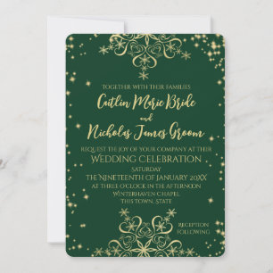 Green und Gold Winter Hochzeitsschneeflocken Invit Einladung