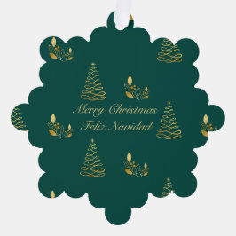Green und Golden Christmas Bilingual Feliz Navidad Ornament Karte