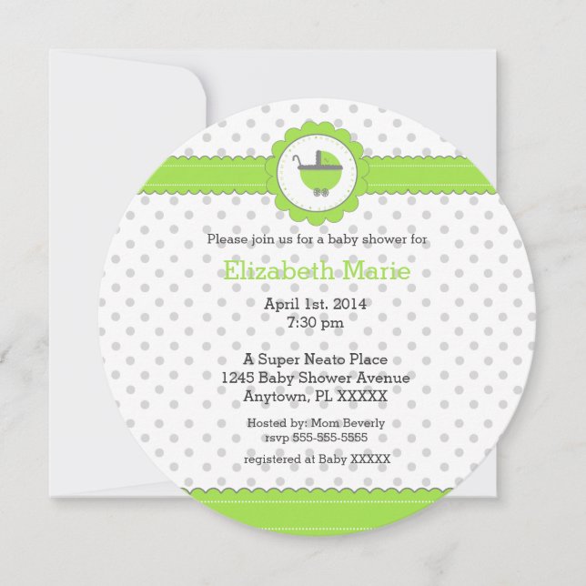 Green und Grey Polka Dots Baby Dusche Einladung (Vorderseite)