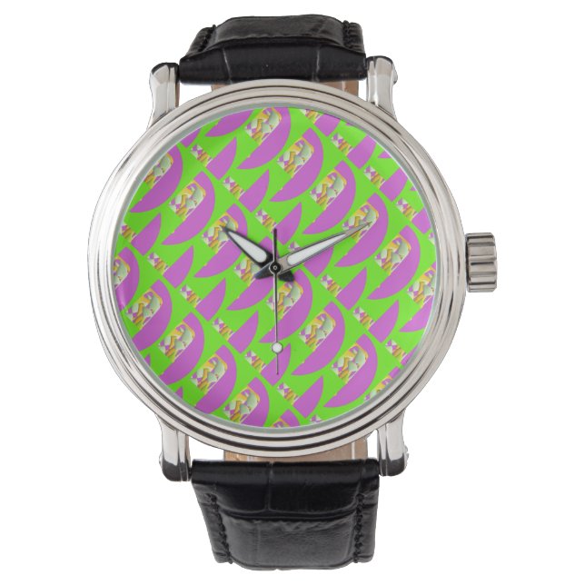 Green und hell lila Muster Compact Mi Armbanduhr (Vorderseite)