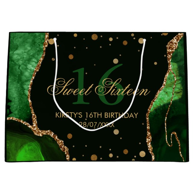 Green und Imitate Gold Glitzer Agate Sweet 16 Große Geschenktüte (Vorderseite)