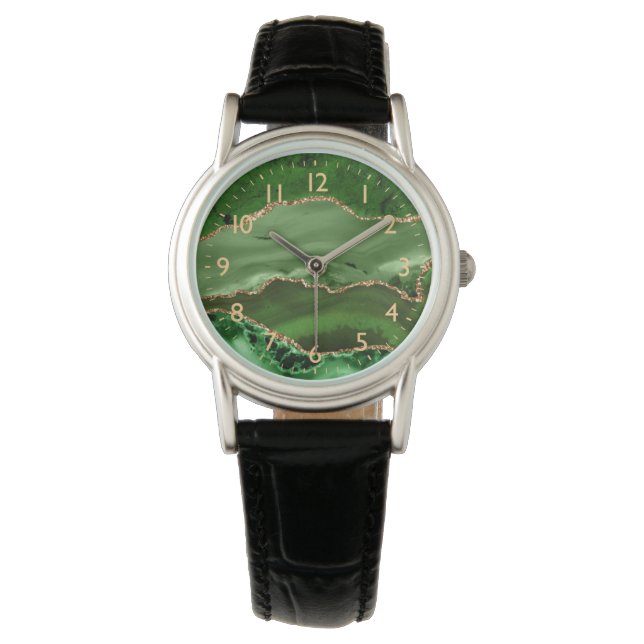 Green und Imitate Gold Glitzer Marble Agate Armbanduhr (Vorderseite)