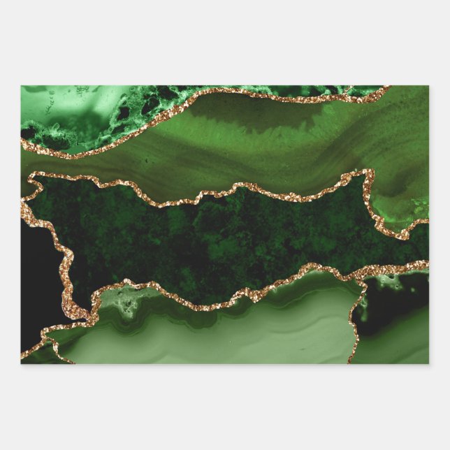 Green und Imitate Gold Glitzer Marble Agate Geschenkpapier Set (Vorderseite)