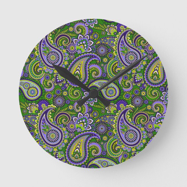 Green und Lila Paisley Runde Wanduhr (Vorderseite)