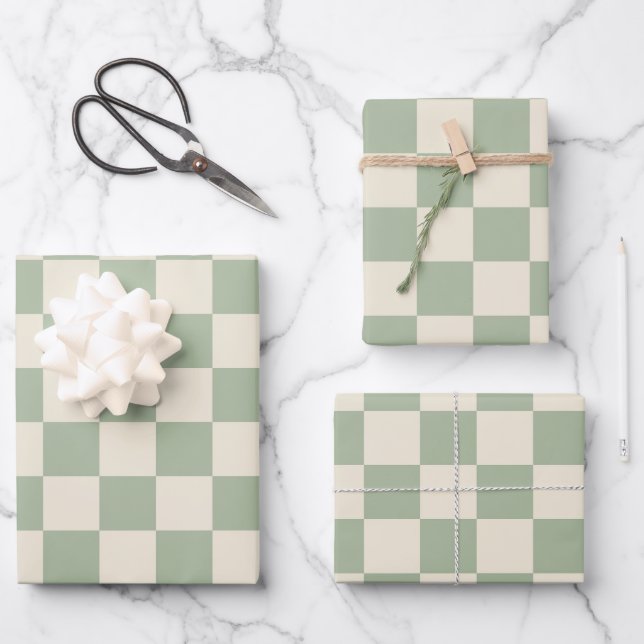 Green und Off White Checkerboard Geschenkpapier Set (Vorderseite)
