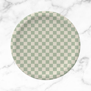 Green und Off White Checkerboard Pappteller