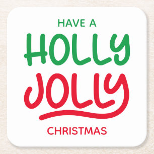 Green und Red Holly Jolly Typografie Rechteckiger Pappuntersetzer