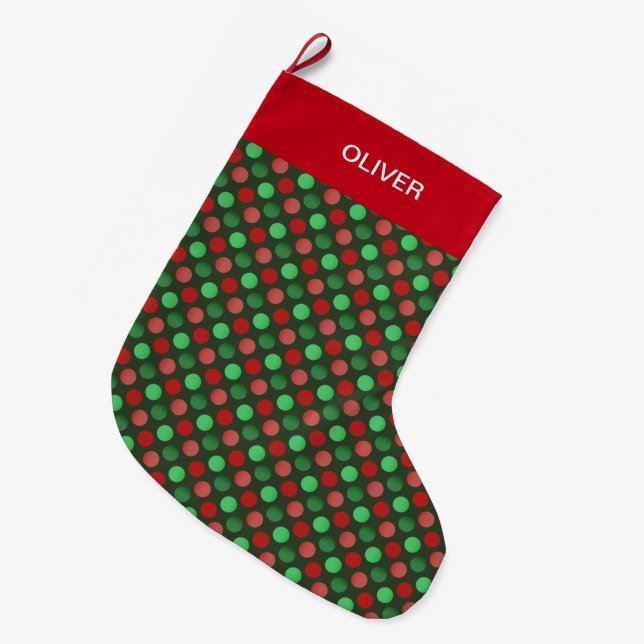 Green und Red Polka Dots Großer Weihnachtsstrumpf (Vorderansicht (hängend))