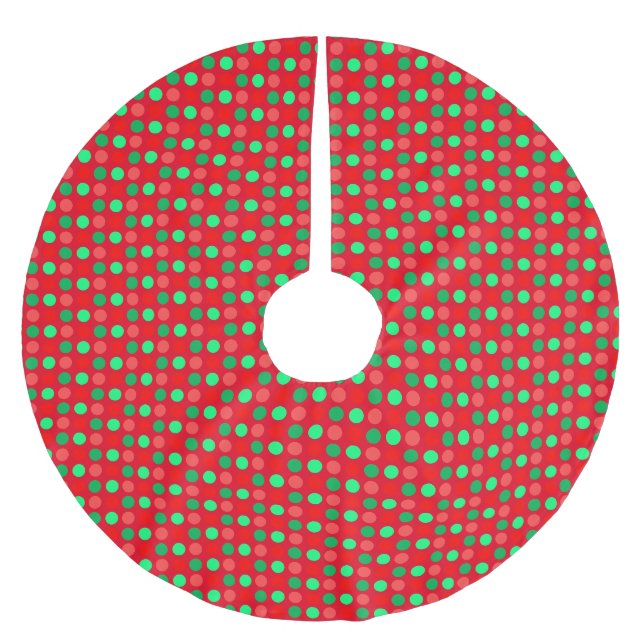 Green und Red Polka Dots on Red Polyester Weihnachtsbaumdecke (Vorderseite)