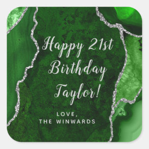Green und Silver Agate Happy Birthday Quadratischer Aufkleber
