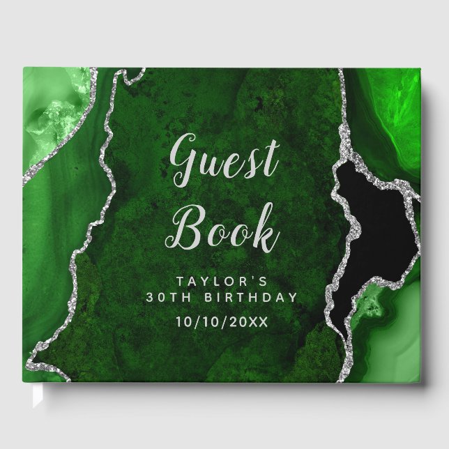 Green und Silver Agate Marble Geburtstag Gästebuch (Vorderseite)