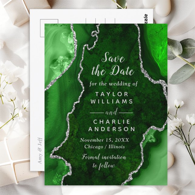 Green und Silver Agate Save the Date Postkarte (Von Creator hochgeladen)