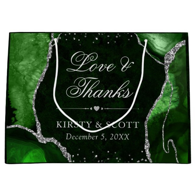 Green und Silver Glitzer Agate Wedding Große Geschenktüte (Vorderseite)