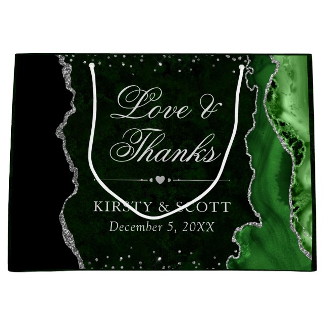 Green und Silver Glitzer Agate Wedding Große Geschenktüte (Vorderseite)