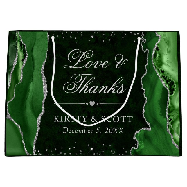 Green und Silver Glitzer Agate Wedding Große Geschenktüte (Vorderseite)