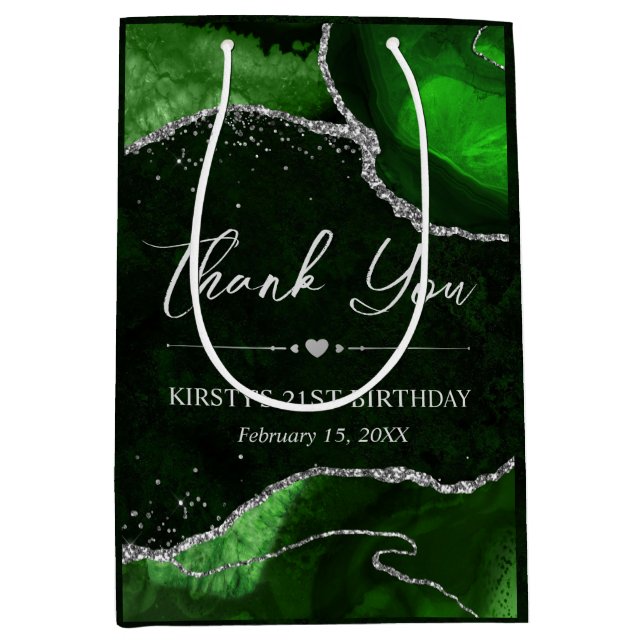 Green und Silver Imitats Glitzer Agate Birthday Mittlere Geschenktüte (Vorderseite)